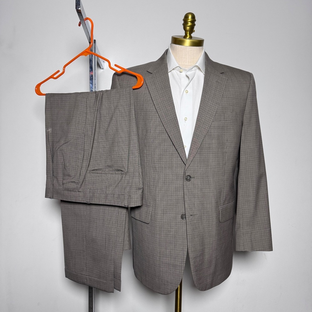 Jos A Bank Mens 42R Suit Brown Houndstooth 100% Wool 2 Button Flat Front 35x29.5